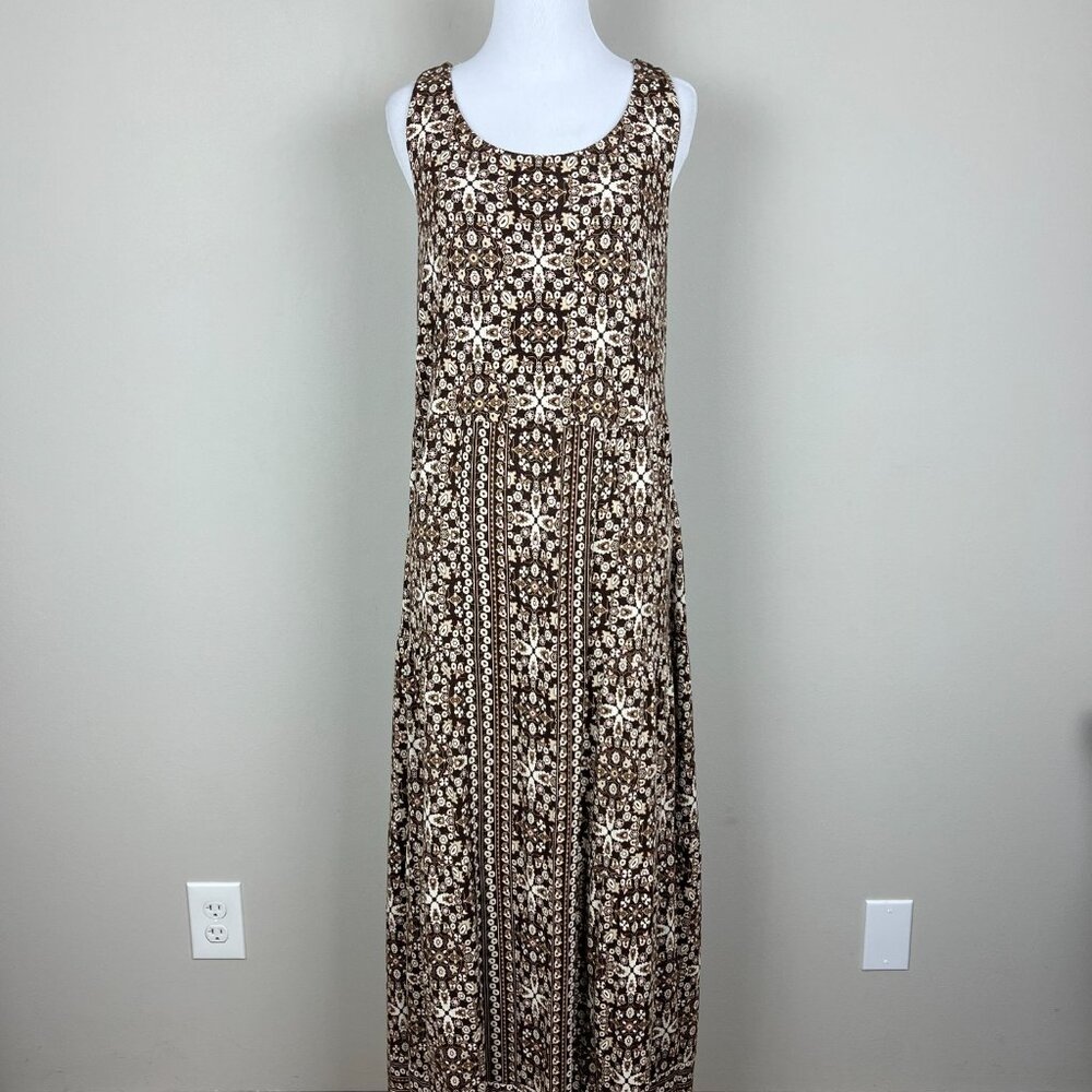 J Jill‎ Maxi Dress Medium Brown Beige Sleeveless Floral Stretch Racerback Boho M